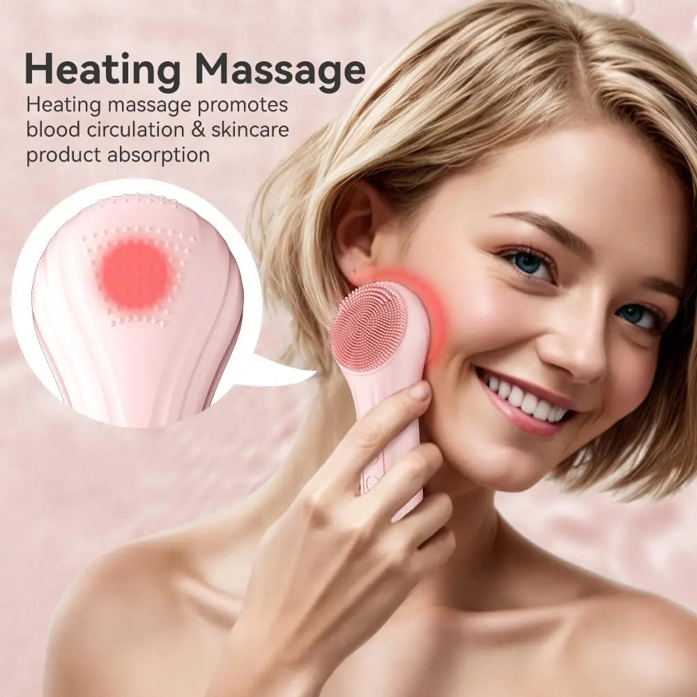 Silicone Electric Face Scrubber - Waterproof Facial Cleansing Brush with Heating & Vibration