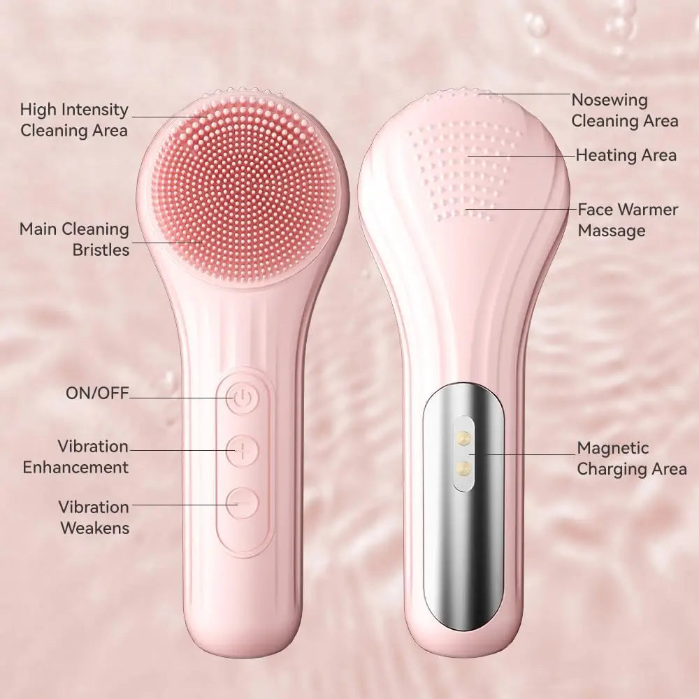 Silicone Electric Face Scrubber - Waterproof Facial Cleansing Brush with Heating & Vibration